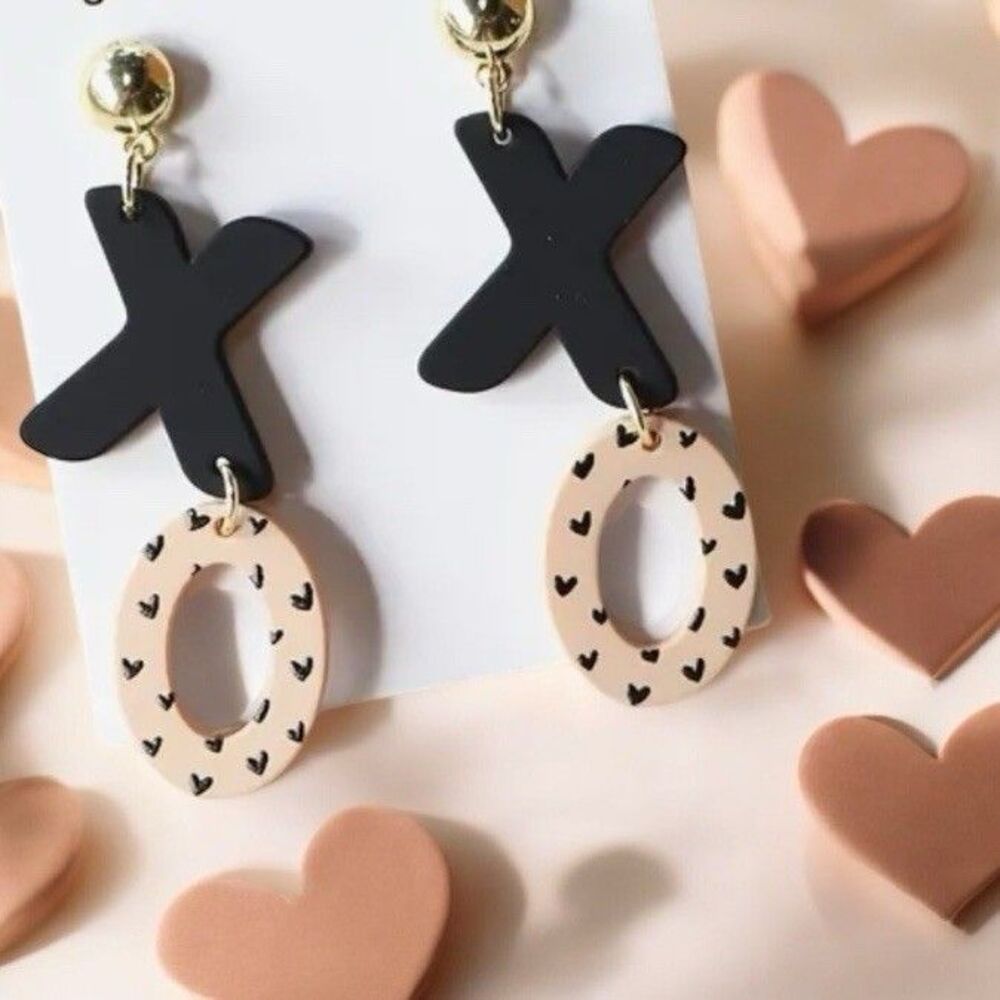 Women’s Valentine’s Day Earrings Black and Tan Dangle Earrings Gold Accents New